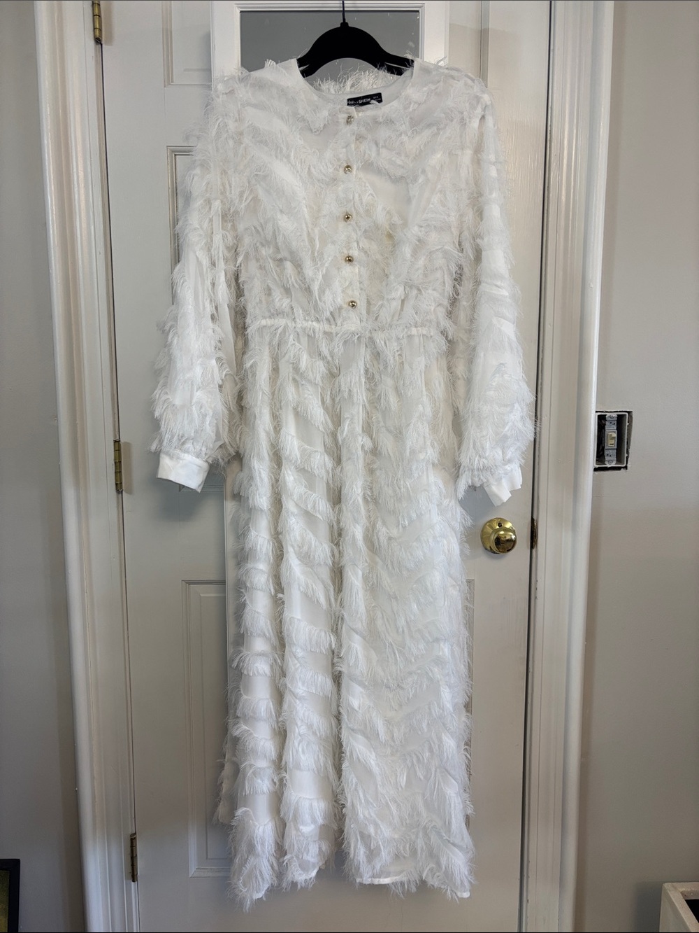SHEIN White Feather-Trim Button-Front Girls Long Dress